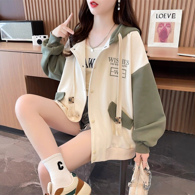 Sweatshirt Women's Spring and Autum Korean Style Loose Mid-Length Thin Student Large Size Hooded Cardigan Jacket Baseball Jacket