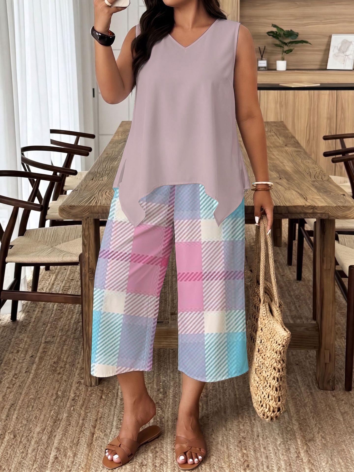 Original Women's Summer Outfit: Sleeveless V-neck Asymmetrical Top With Gradient Plaid And Star Print, Wide-leg_ecoleips.com