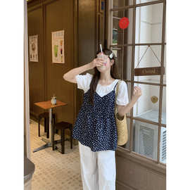 品牌折扣大码胖MM夏季新款韩系碎花吊带上衣假两件遮肉显瘦百搭衬