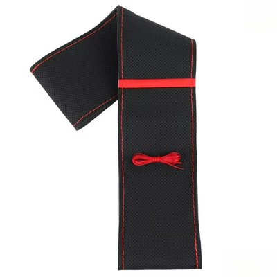 Universal Nappa Leather Car Steering wheel cover - universal-diy-hand-sewn-car-seat-covers-black-leather-full-perforation-red-label-red-stitching-38cm