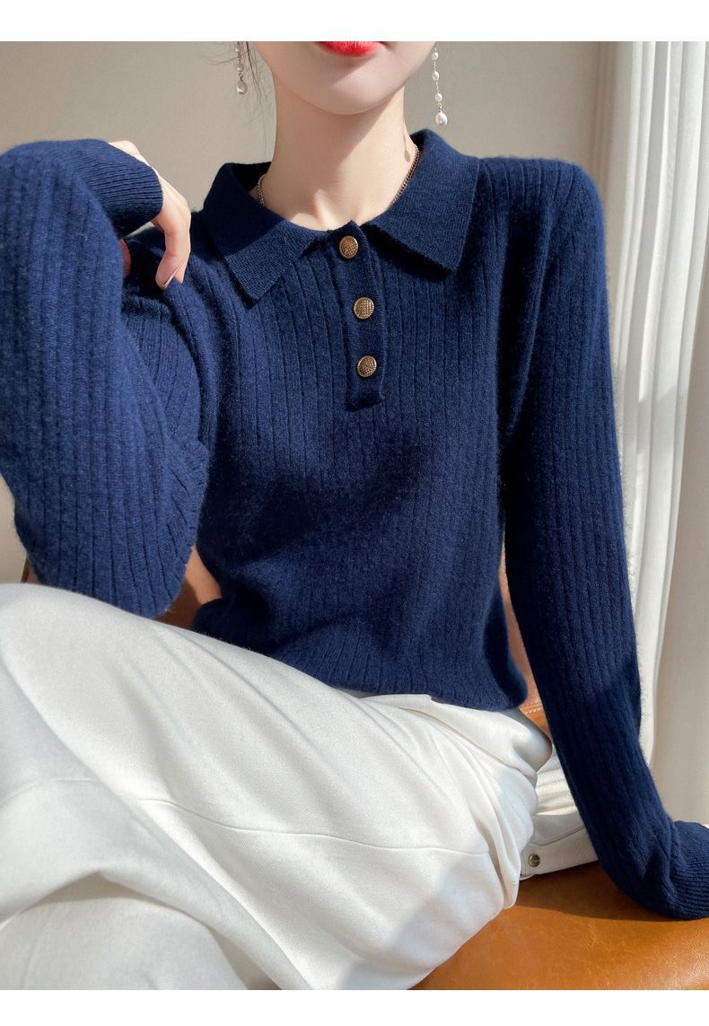 【 Cashmere Family】 Maglione corto in lana con collo polo, stile femminile, con strato interno lavorato a maglia, autunno/inverno_voghion.com