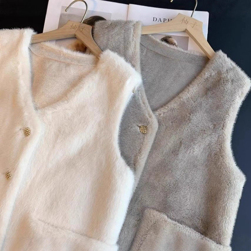 Áo vest nữ phối lông cừu cổ chữ V dáng ngắn mặc ngoài mùa đông — màu xám nhạt, đen