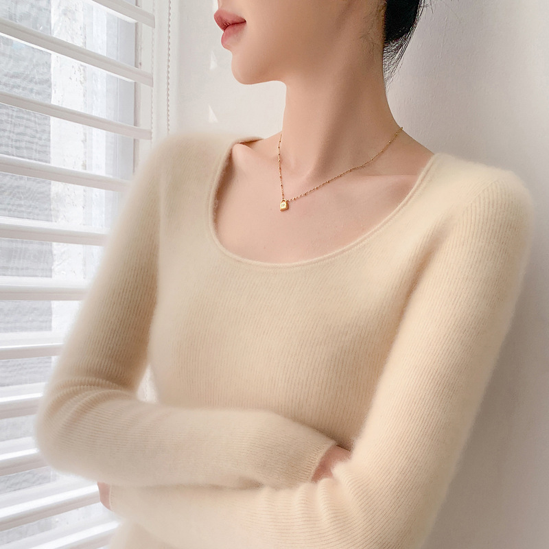 Seamless Rolled-Edge U-Neck Cashmere Sweater for Women, Slim Fit, Soft and Cozy Long-Sleeve Knit Top