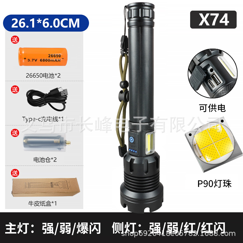 Linterna de luz fuerte transfronteriza P90, linterna recargable con zoom telescópico de aleación de aluminio, iluminación de largo alcance al aire libre, luz de pesca nocturna