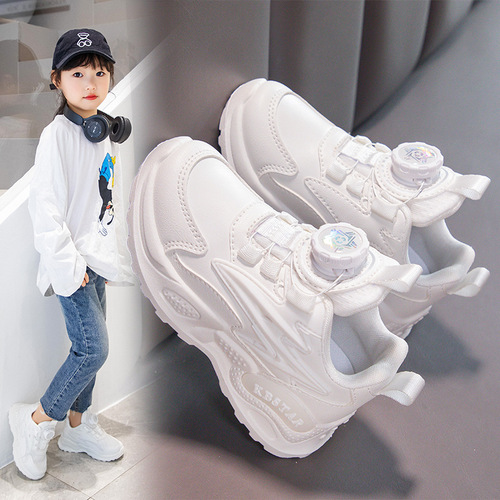 Children's rotating button sneakers 2024 spring new leather leather running shoes for boys and girls, middle and large children, white running shoes