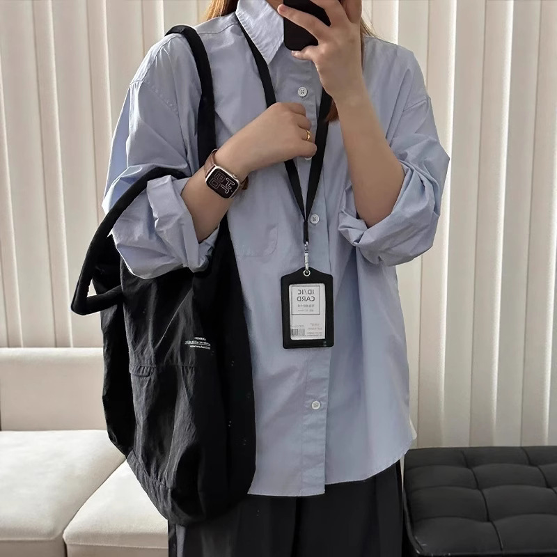 100% Cotton Light Blue Minimalist Style Long-Sleeved Shirt with Straight Shoulders, 2025 Spring New Arrival, Versatile Outerwear/Shirt