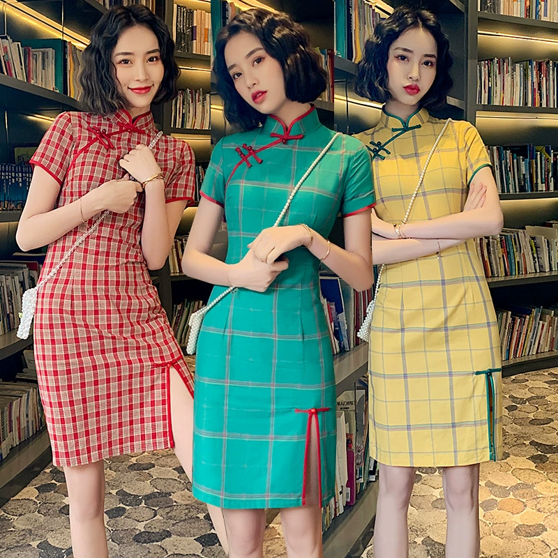 Модифицированная версия Cheongsam Girl Молодая китайская сексуальная стройная короткая студентка клетчатое платье для ежедневного лета