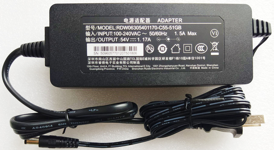 全新原装睿德54V1.17A电源适配器RDW06305401170-C55-51GB双线
