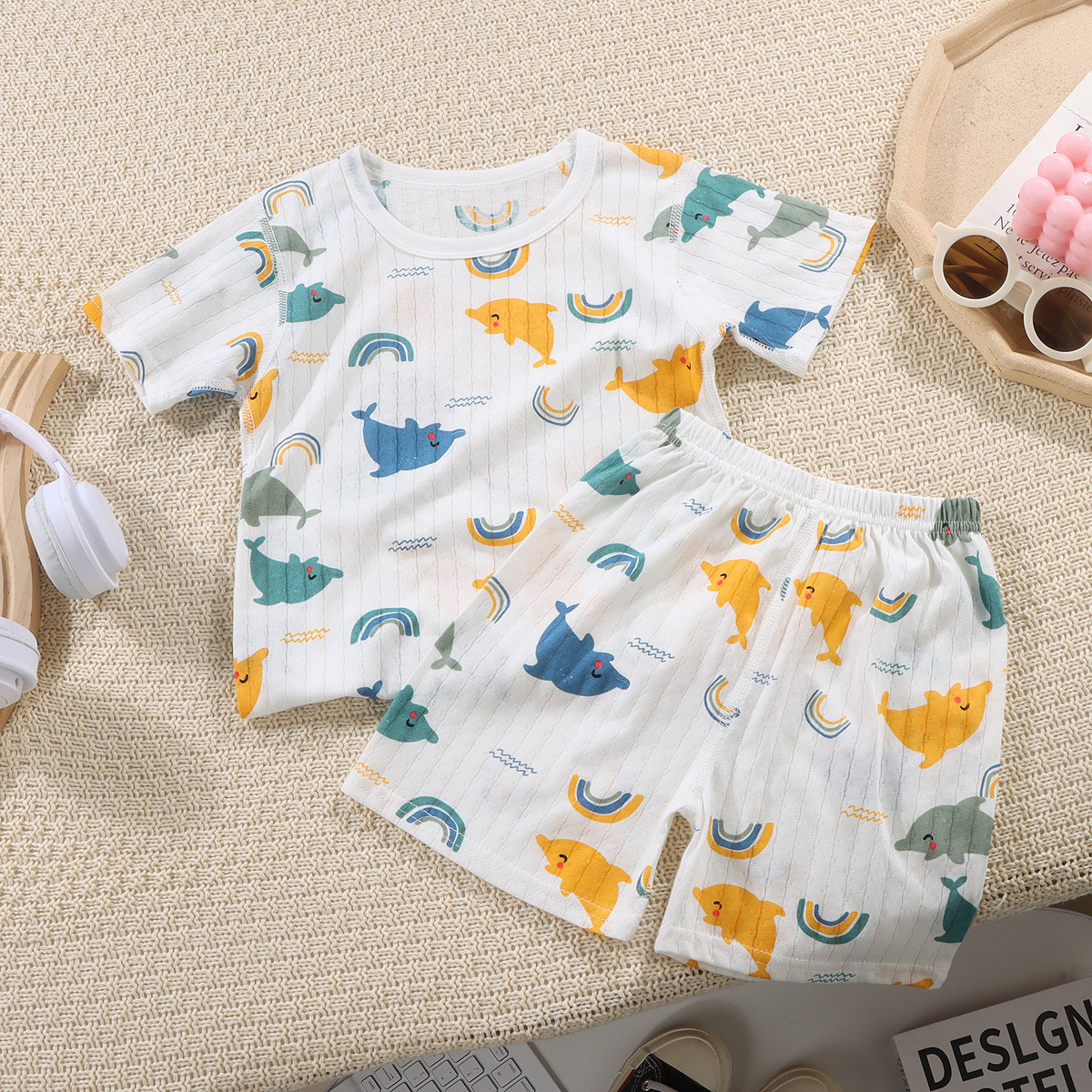 Traje de ropa para el hogar de algodón de verano para niños, pantalones cortos de manga corta para niños y niñas, pijama de dibujos animados para niñas, ropa de aire acondicionado para bebés