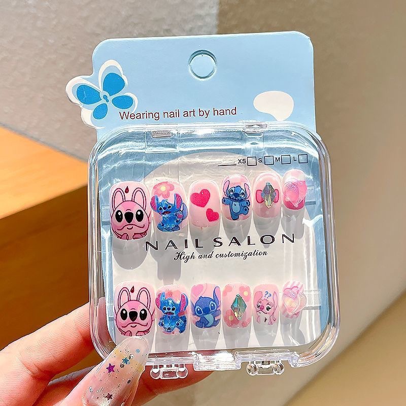 Uñas postizas removibles para niñas, en caja, con diseños de dibujos animados, pegatinas de uñas exquisitas, piezas de uñas.