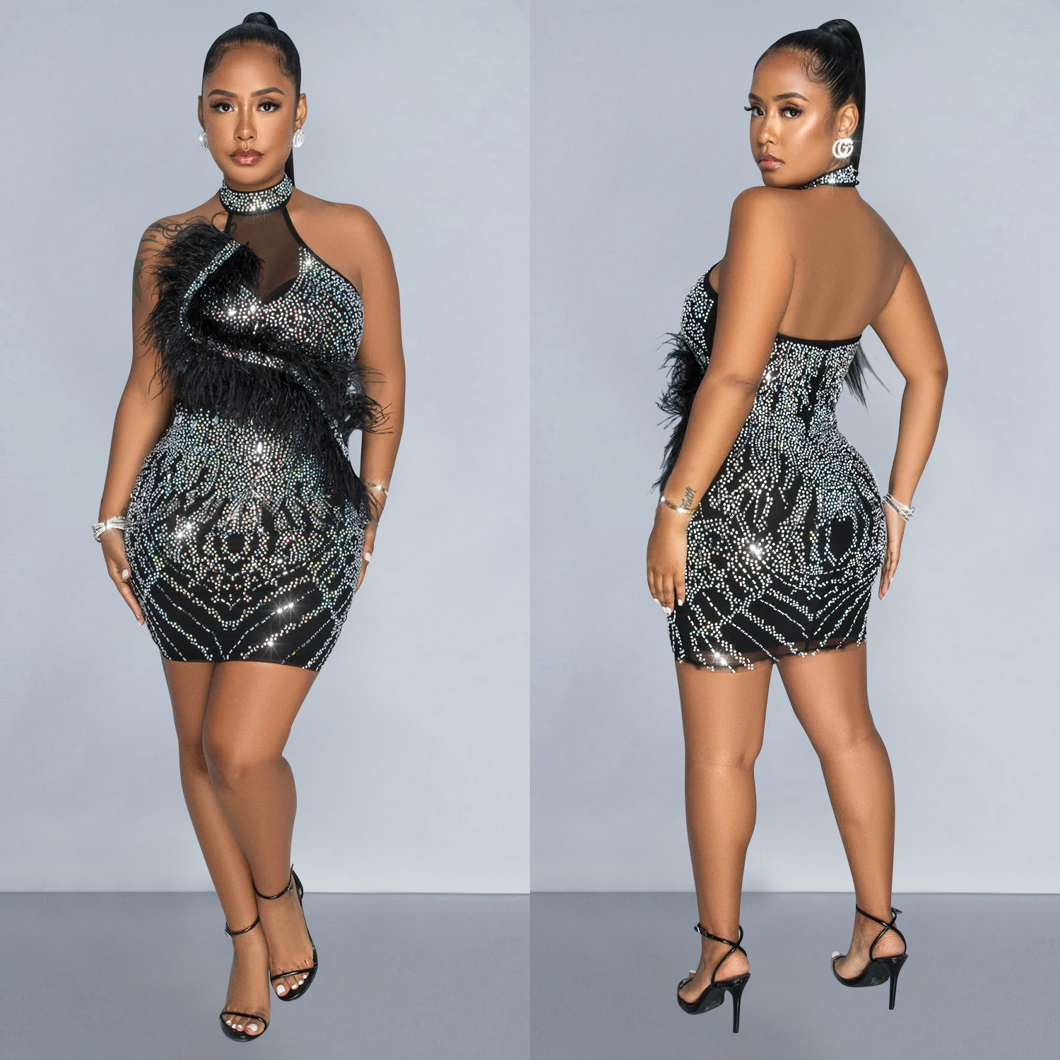 C6815 transfronterizo AliExpress Amazon europeo y americano de las mujeres de la moda de color sólido de malla rhinestone pluma falda vestido image 3