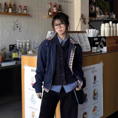藏青色假两件短款外套女秋季格纹拼接哈林顿夹克美式复古工装上衣