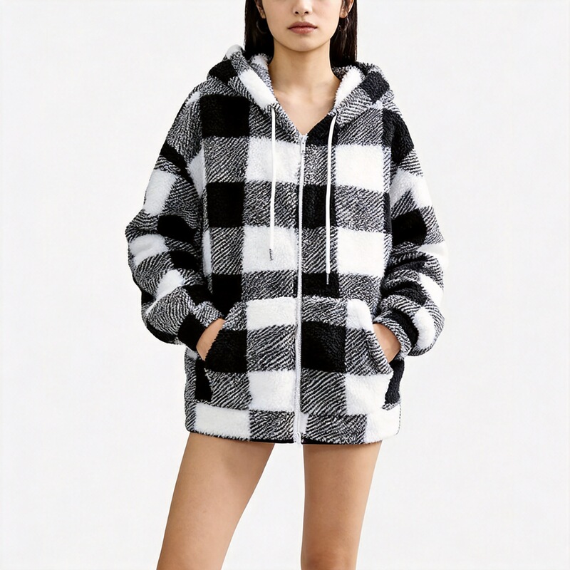 New European and American Autumn/Winter Teddy Jacket, Amazon Cross-Border Plaid Loose Casual Hooded Zipper Plush Coat for Women
