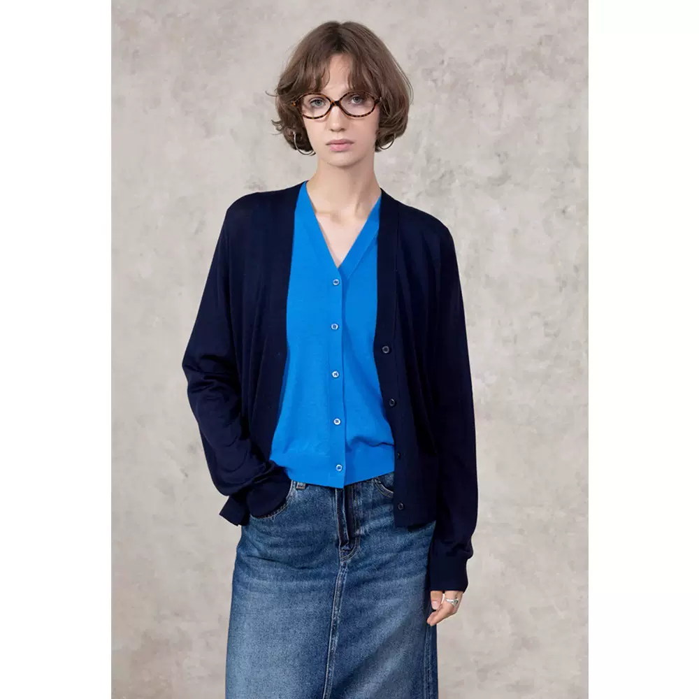 四媛 羊毛混纺真两件针织开衫V领马甲叠穿宽松显瘦毛衣套装1033