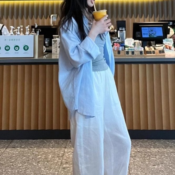 Summer Korean Chic Airport Style Casual Fashion Loose Lazy Blue Shirt Wide-Leg Pants Two-Piece Suit