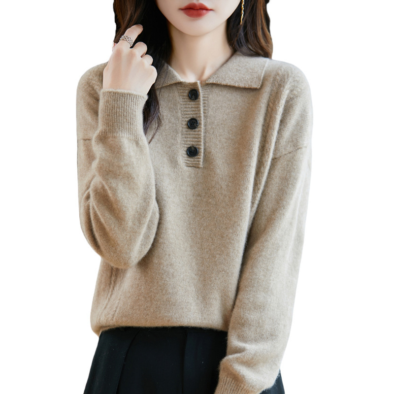 100%纯羊毛2025秋冬新女宽松POLO翻领纯色短款打底上衣针织衫毛衣|undefined