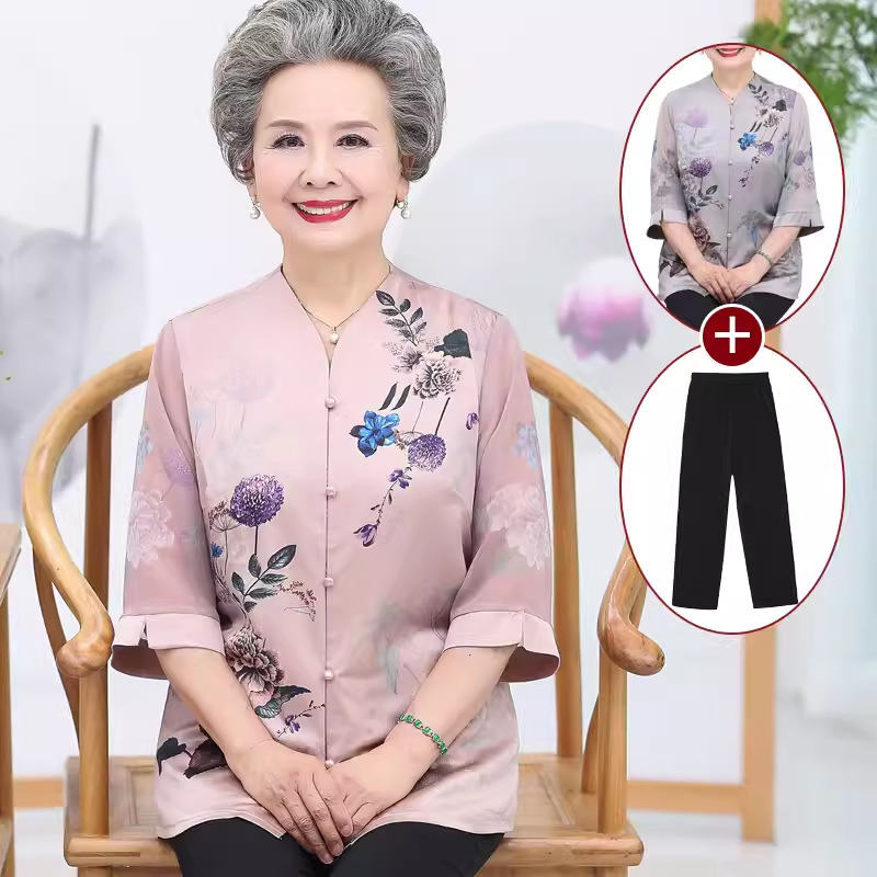 Grandma Summer Clothes Silk suit Middle-aged and Elderly Women Mulberry Silk Clothes for the Elderly Foreign-style Mother Clothes Spring and Autumn Shirt