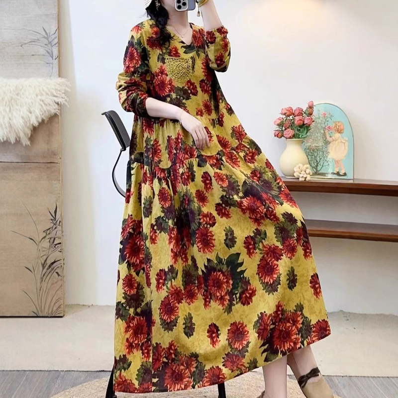 Autumn Style Artistic Cotton and Linen Printed Women's Long Skirt, Extra Long Floral Women's Artistic Large Flower Dress, Elegant and Retro