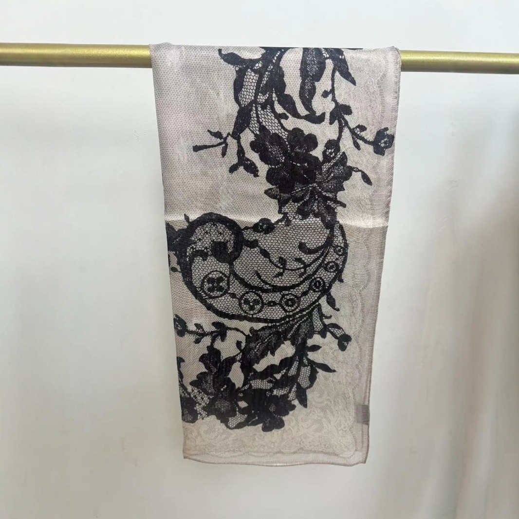 100% Mulberry Silk 110cm French Lace Floral Square Scarf For Women, Summer Lightweight Handmade Silk Scarf - Thumbnail 3