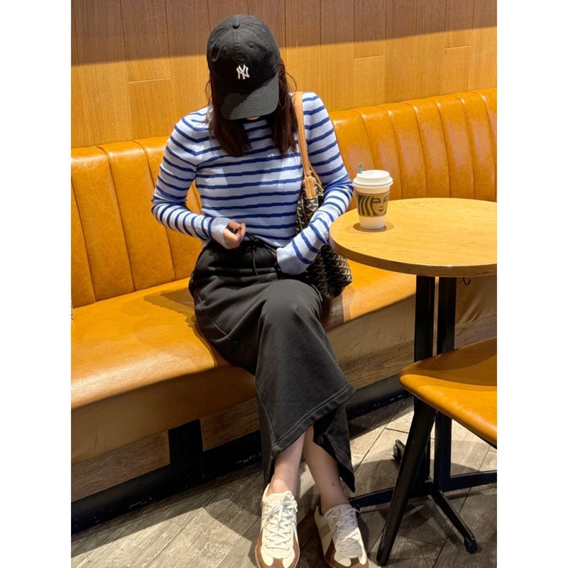 蓝色条纹修身内搭打底衫长袖T恤秋装女款2025年新款chic针织上衣|undefined