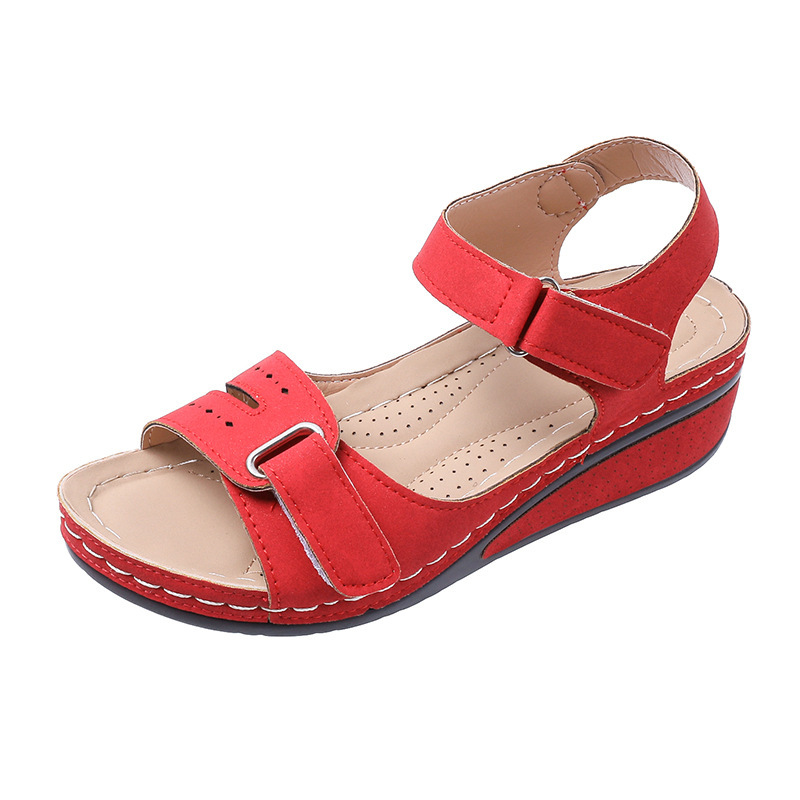 Sandalias de comercio exterior transfronterizo de gran tamaño para mujer 2025 verano nuevo estilo cuña con boca de pez de suela gruesa Velcro playa Roma ropa exterior