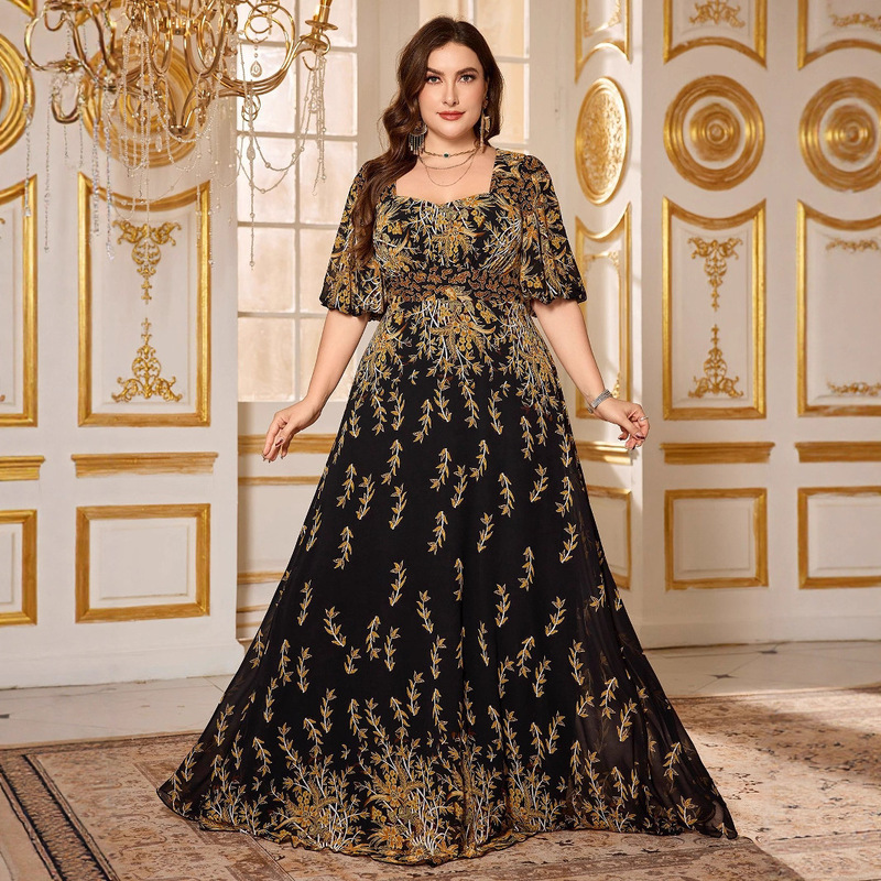 2026 New Cross-Border Plus-Size Long Dress with Square Neck, Puff Sleeves, Chiffon, Elegant Formal Evening Gown with a High-End Feel