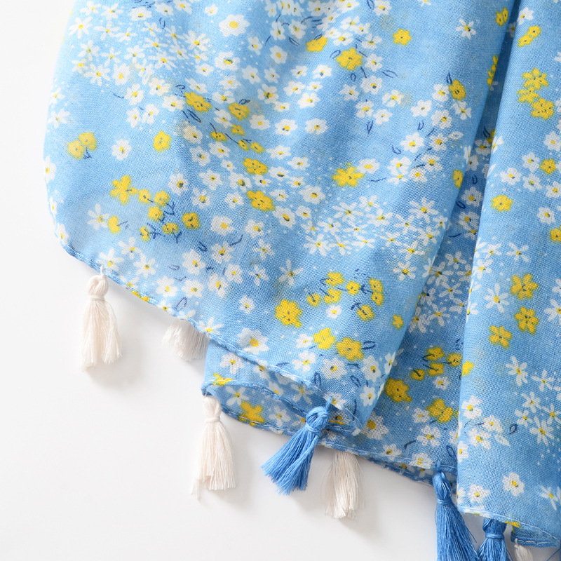 Llanura fresca pequeño floral algodón y lino sensación bufanda de seda larga borla hecha a mano mantón decorativo viajes protector solar toalla playa