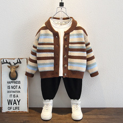 男童條紋開衫2024春秋新款兒童裝洋氣寶寶春季百搭針織外套上衣潮