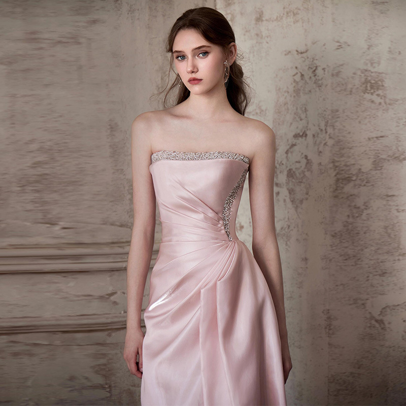 Vestido de noche francés rosa para mujeres 2026 nuevo anfitrión de reunión anual de alto nivel, vestido de novia de compromiso