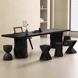 Carbonized black tea table and chair combination log solid wood large board tea table living room balcony tea table