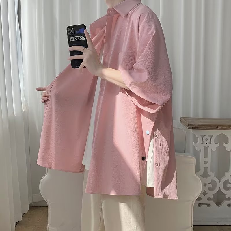 粉色衬衫男短袖ins痞帅高级感设计排扣开衩七分袖衬衣情侣装夏装