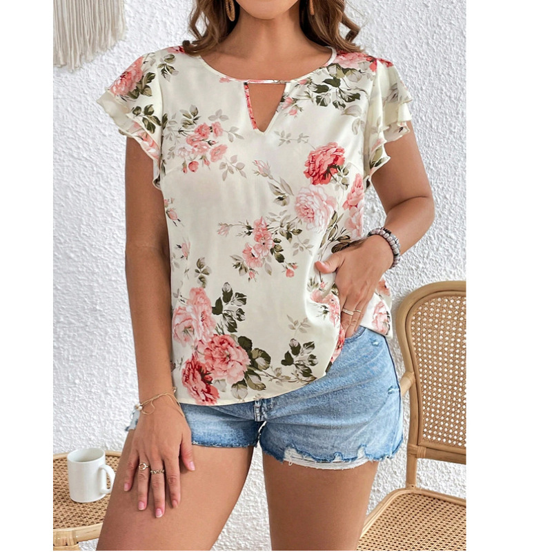 Amazon Summer Explosions plus size Casual Style Top Short Sleeve Shirt Flat Barge Collar Bat Wing Sleeve