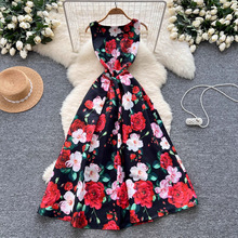 跨境小洋装女欧美洋气复古收腰显瘦无袖时尚印花蓬蓬礼服连衣裙