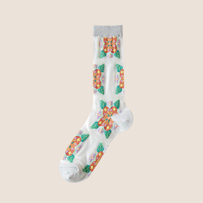 Calzini estivi sottili da donna 2025d 2025d, a metà polpaccio, alla moda, stile foresta floreale, in seta di vetro traspirante, calzini JK_voghion.com