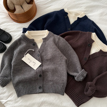 儿童毛衣2025眯眯眼冬季新品男女童假两件撞色毛衣宝宝韩版针织衫