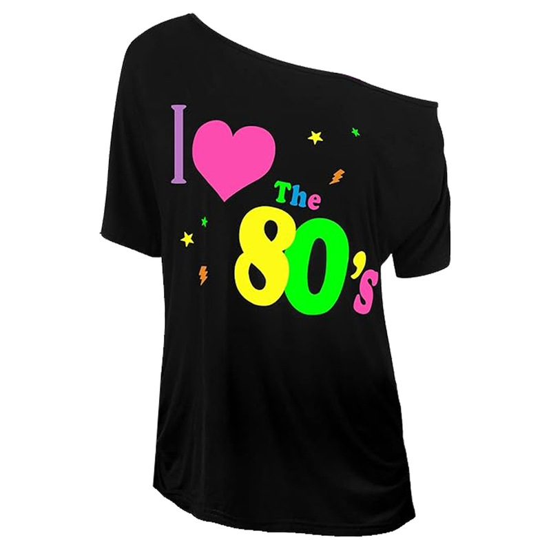 European and American Nostalgic Women's T-Shirts I Love 80S Disco Clothing Printed Off-Shoulder Mid-Sleeve Tops