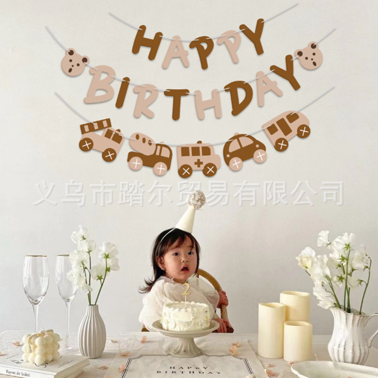INS estilo cumpleaños carta coche oso fieltro cumpleaños decoración tire bandera bebé 100 días de edad decoración de fondo