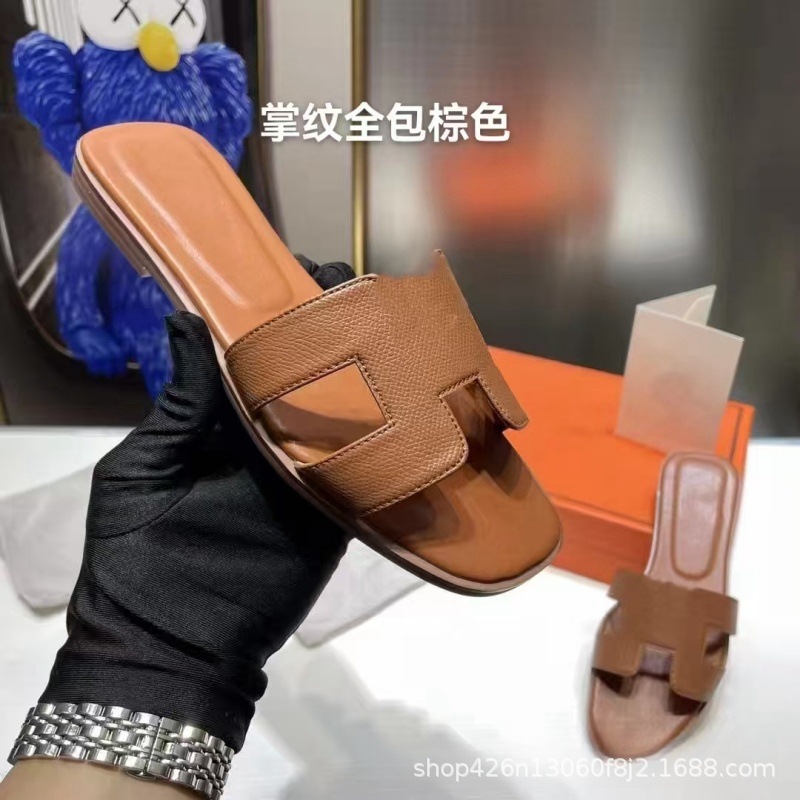 外贸经典款H家拖鞋女夏季高版本休闲一字型羊皮平底拖鞋批出货快|undefined
