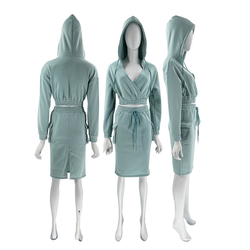 Women's Skirt Suit V Neck Hooded Solid Colour Long Sleeve Set_voghion.com