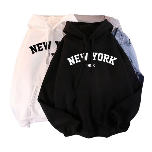 American Retro Letter Print Mid-Long Length Casual Hooded Sweatshirt Outerwear Loose Matchable Long-Sleeve Top for Women Autumn