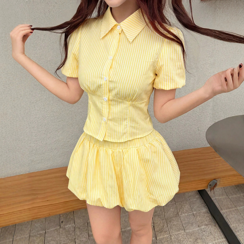 New cross-border fashion jacquard puff sleeve polo collar top and tulip skirt two-piece casual sweet set New cross-border fashion jacquard puff sleeve polo collar top and tulip skirt two-piece casual sweet set