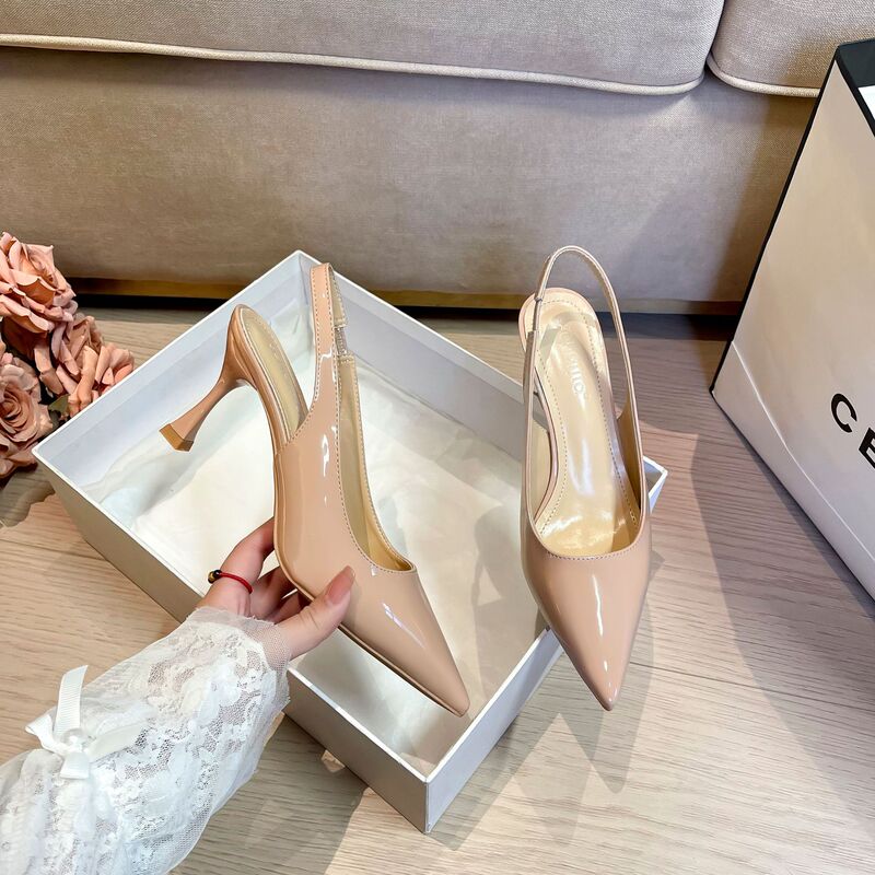 Summer 2025 New Nude High-heeled Sandals One-step Shallow Mouth Solid Color Patent Leather Hollow Toe Sandals