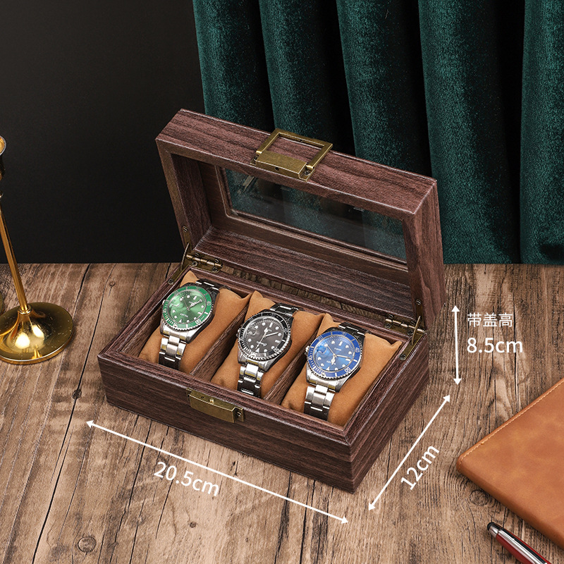 나뭇결 가죽 3위치 시계 상자(내부에 부드러운 베개 포함)