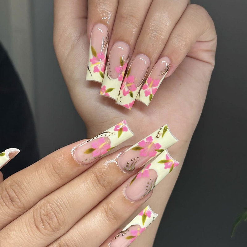 Cross-border wearing nail long coffin French side color flower design detachable fake nail nail patch nails