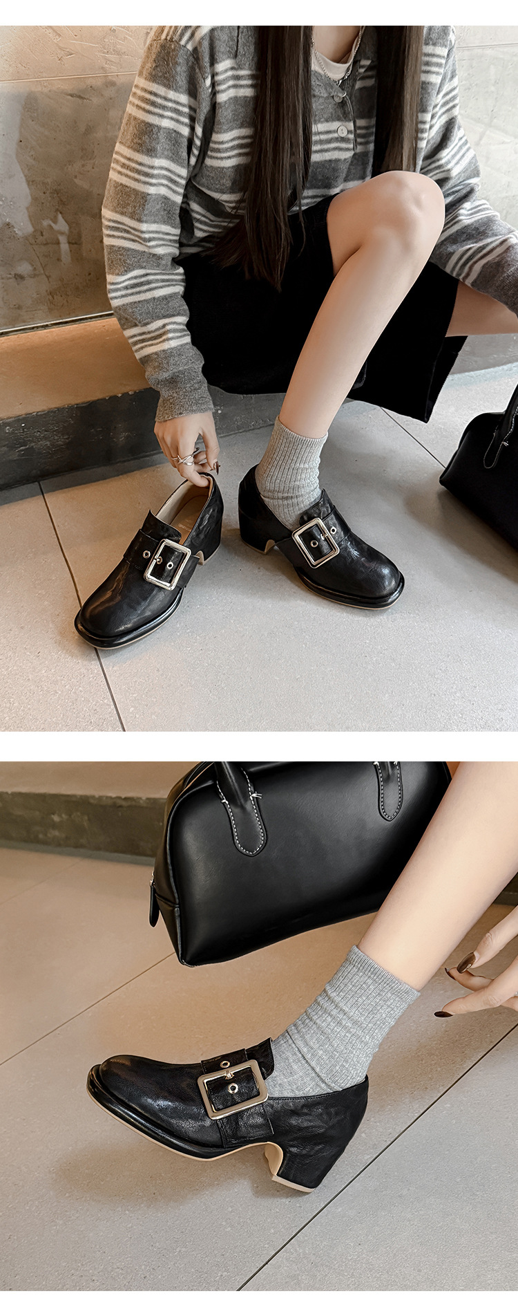 Giày cao gót nữ loafer da cừu gót vuông 7 cm — màu nâu chi tiết 14