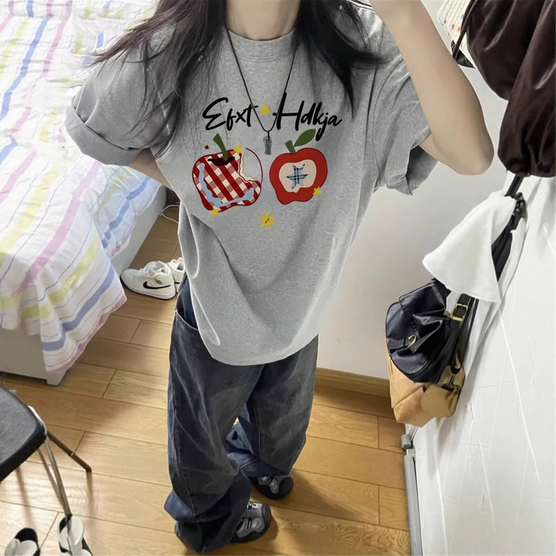 American-Style Gray Round-Neck Short-Sleeved T-Shirt for Girls, 2026 New Summer Style, Loose Half-Sleeved Top for Junior High and High School Students American-Style Gray Round-Neck Short-Sleeved T-Shirt for Girls, 2026 New Summer Style, Loose Half-Sleeved Top for Junior High and High School Students