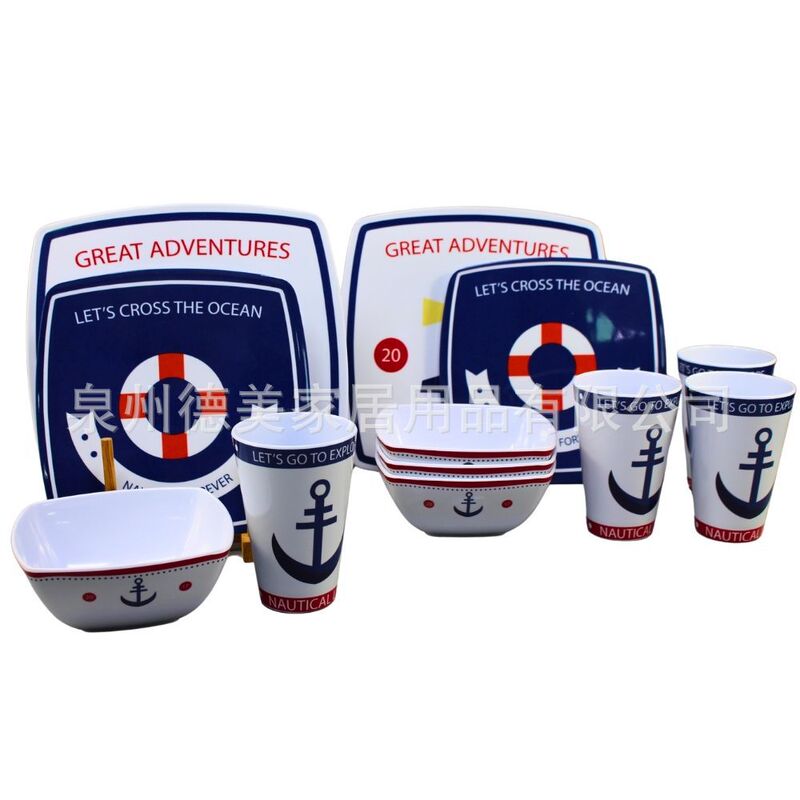 Summer Nautical Melamine Tableware Set, 16-Piece Melamine Square Bowls and Cups, for Home, Hotel, and Restaurant Use