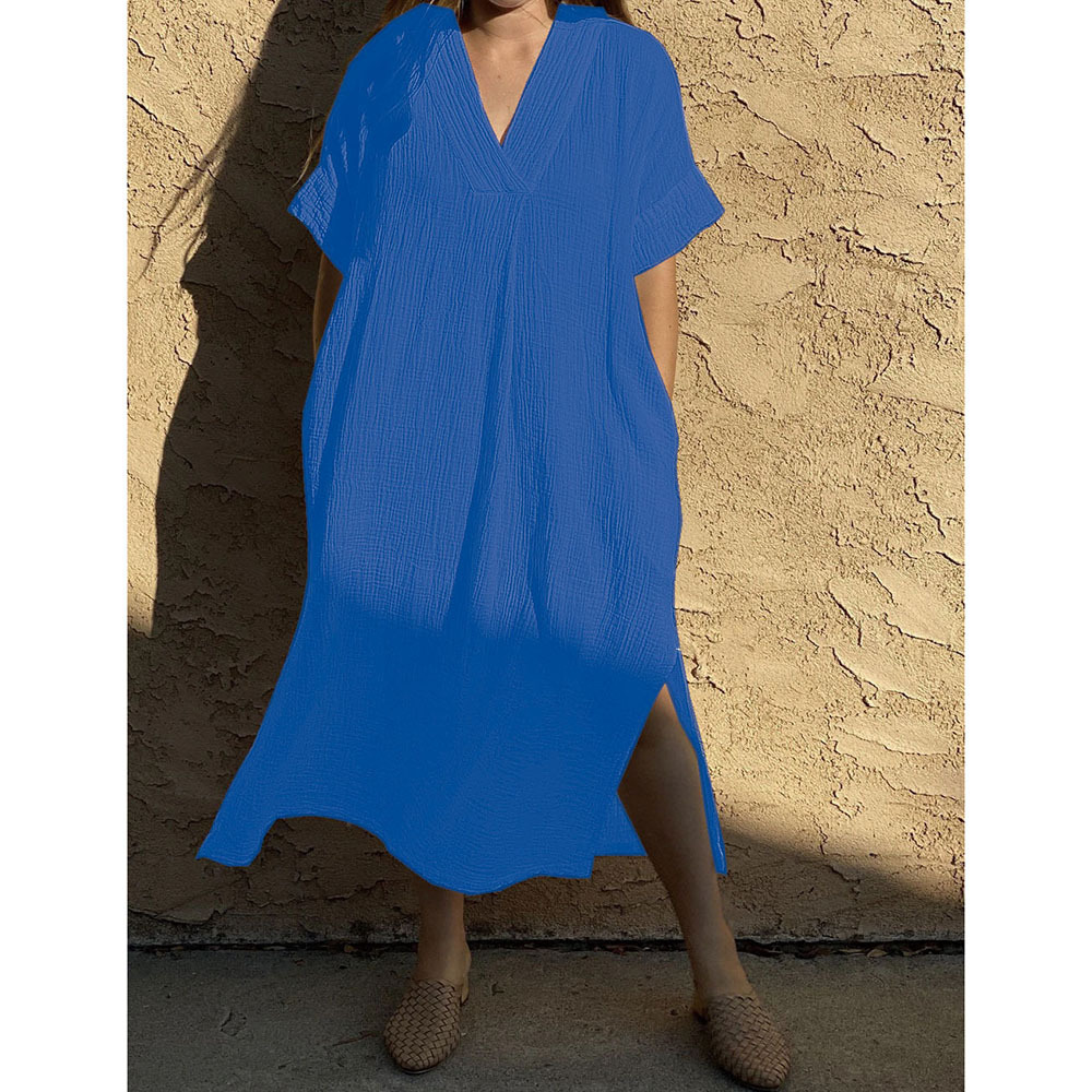 Women's Slit Dress Casual V Neck Short Sleeve Solid Color Maxi Long Dress Daily display picture 4