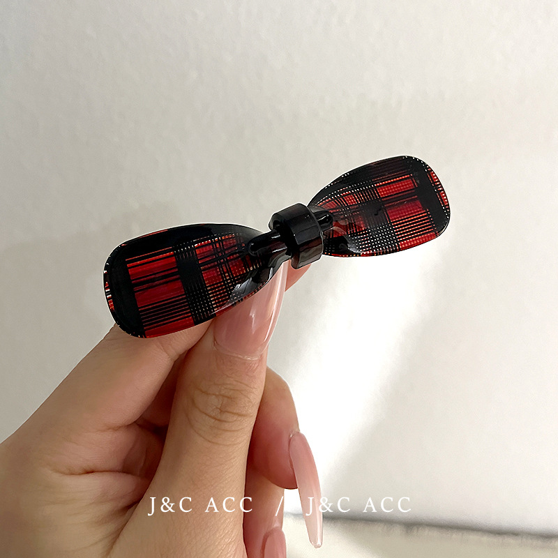 紅色黑紋格金典領結邊夾簡約氣質鴨嘴夾側邊夾子蝴蝶結髮卡劉海夾