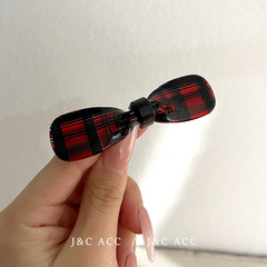 紅色黑紋格金典領結邊夾簡約氣質鴨嘴夾側邊夾子蝴蝶結髮卡劉海夾